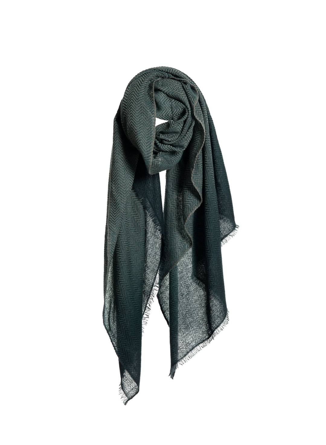 A dark forest green textured scarf with fringed edges, styled in a loose knot against a solid white background.