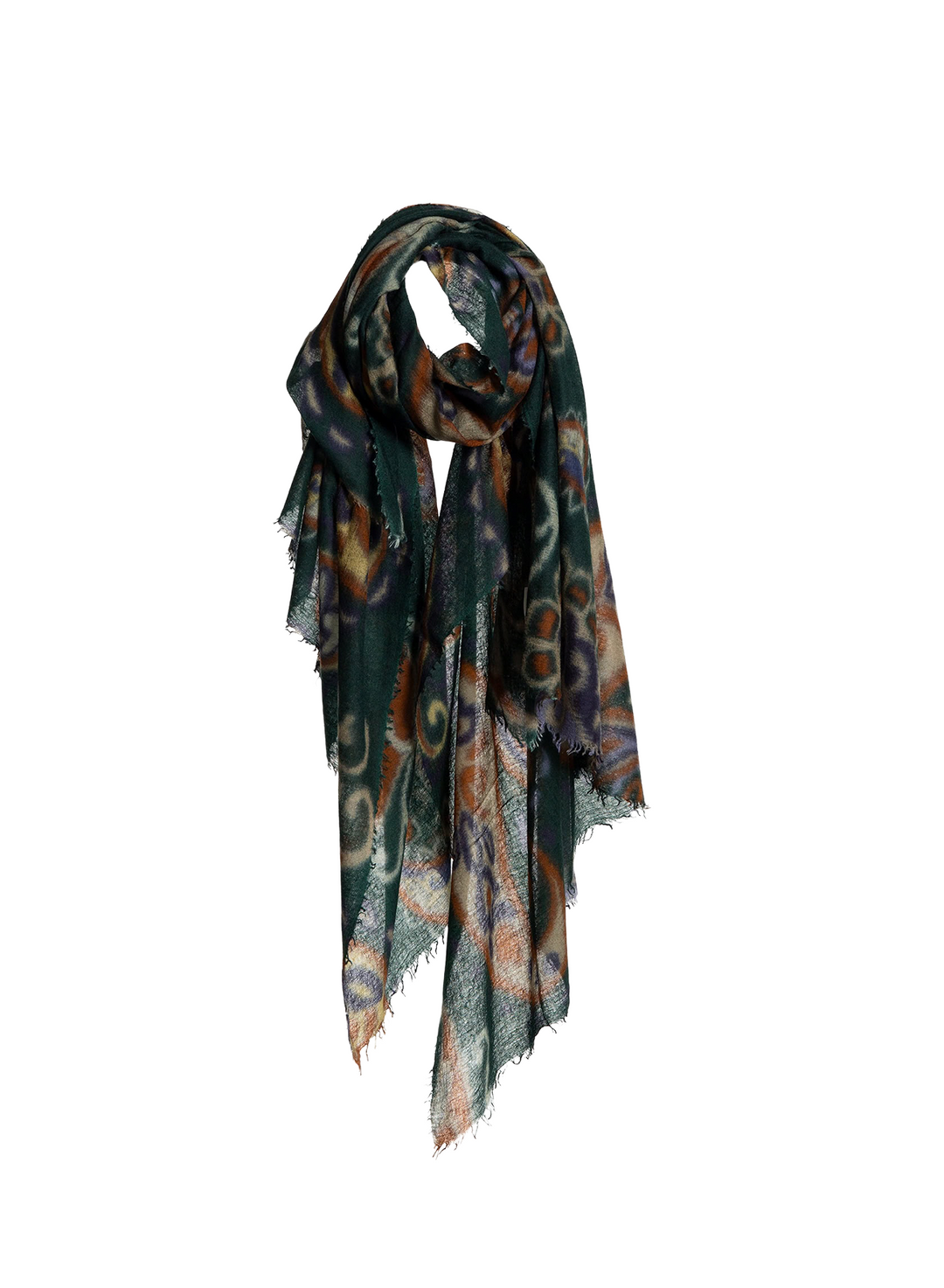 A lightweight rectangular scarf with fringed edges, featuring an abstract, painterly pattern in dark green, brown, beige, and muted purple tones, shown against a plain white background.