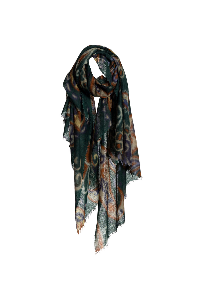 A lightweight rectangular scarf with fringed edges, featuring an abstract, painterly pattern in dark green, brown, beige, and muted purple tones, shown against a plain white background.