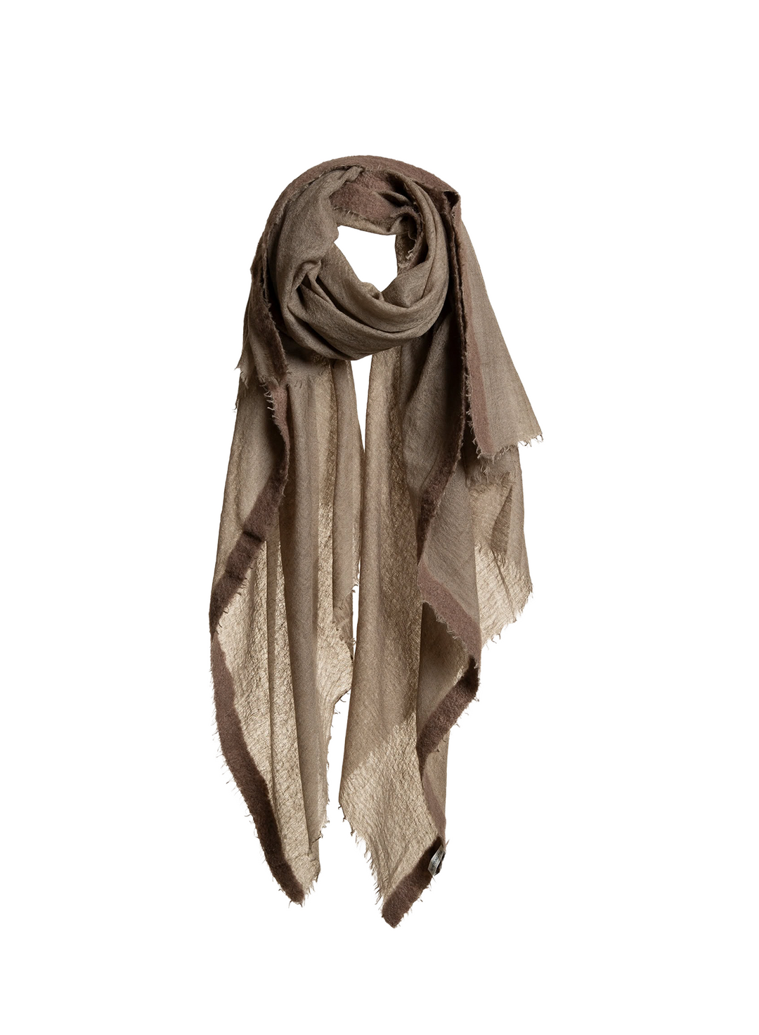 A lightweight rectangular scarf in a taupe-brown color, draped in a loose loop with frayed edges, shown against a plain white background.