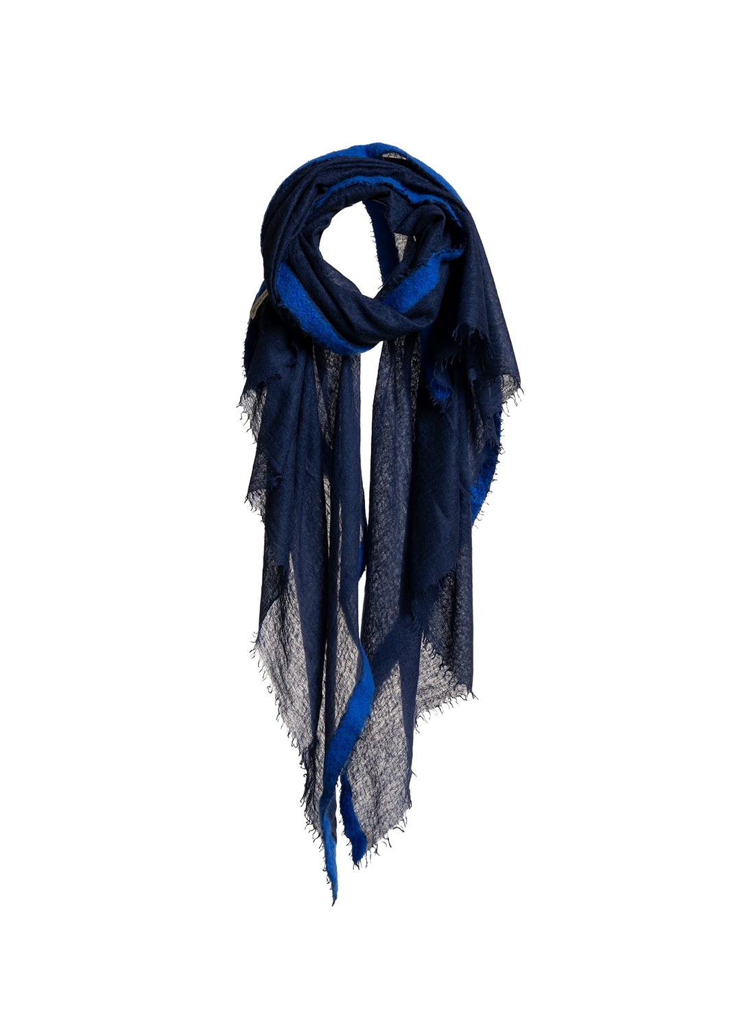 A dark blue and navy sheer scarf with fringed edges, styled in a loose loop against a light gray background.