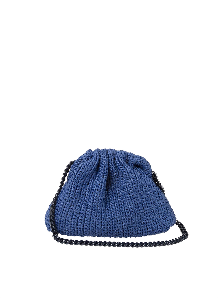 A small blue crocheted drawstring pouch bag with a black beaded shoulder strap, shown against a plain white background.