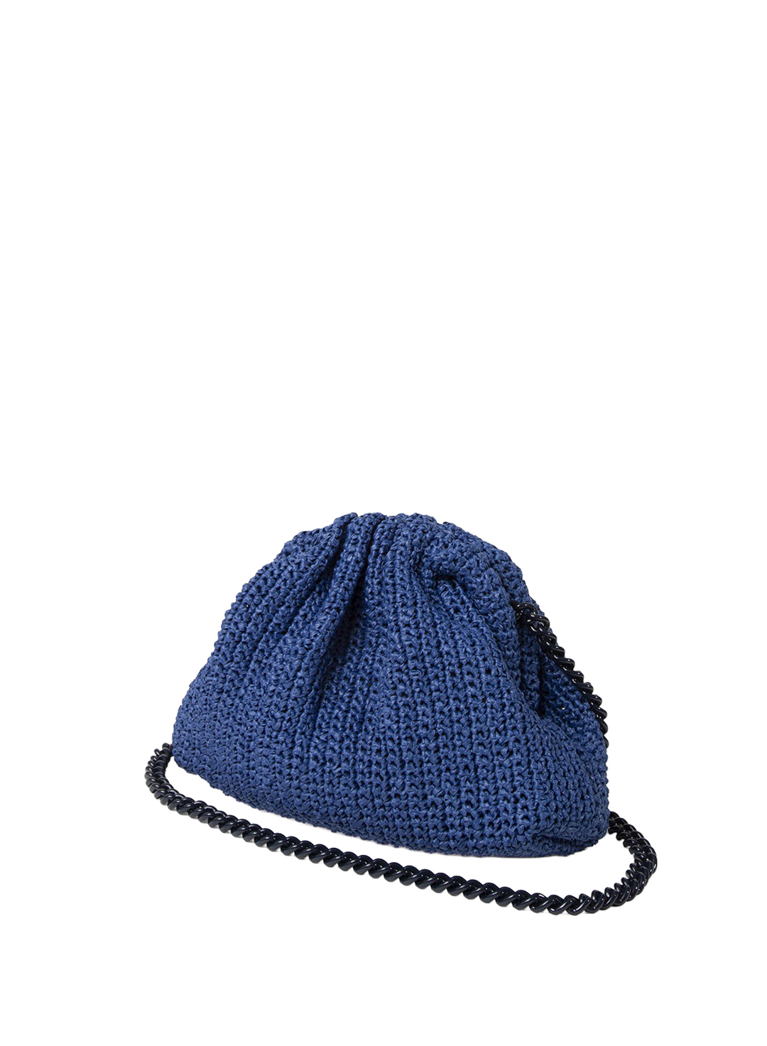 A blue crocheted drawstring pouch bag with a black beaded strap, shown on a plain white background.