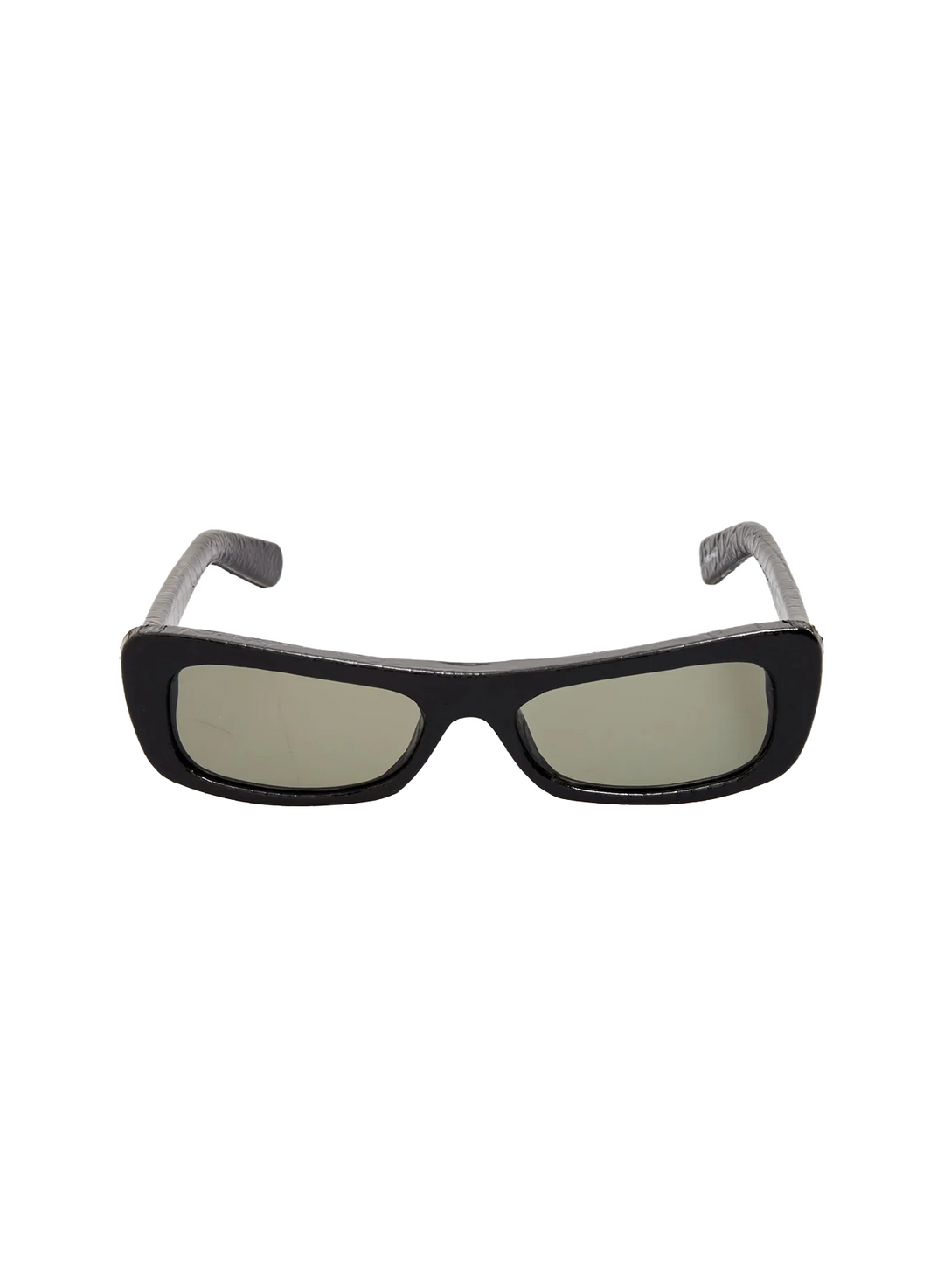 Black sunglasses with silver frames on a white background