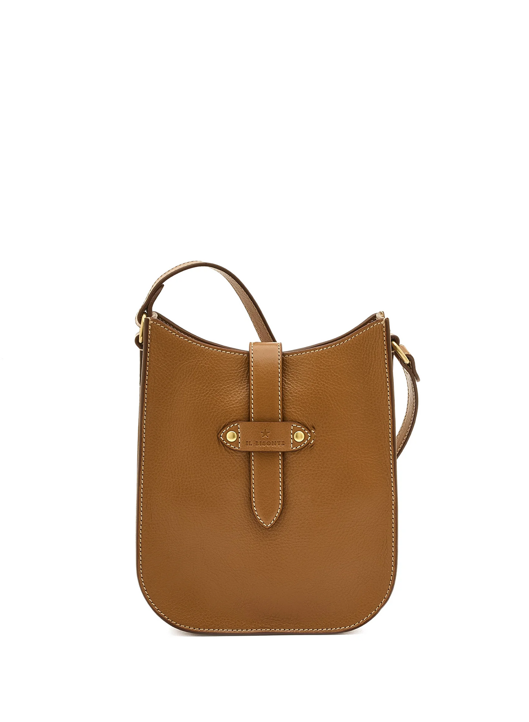A tan leather bag with a front strap closure and gold-tone hardware, photographed against a solid white background.