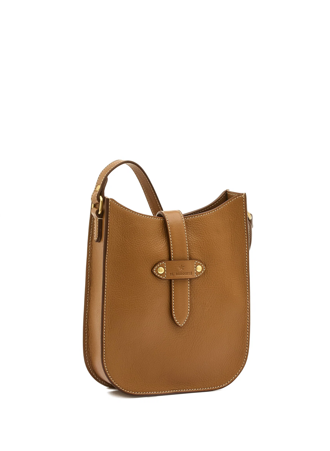 A tan pebbled leather shoulder bag with a top handle, featuring a front strap closure secured by a gold-tone metal rivet and stud, shown against a plain white background.