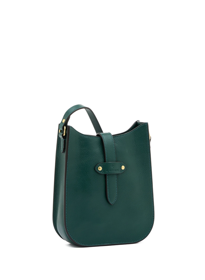 A dark green pebbled leather bucket bag with a top handle, a front strap detail with gold-tone rivets, and a small gold brand plaque, shown on a plain white background.