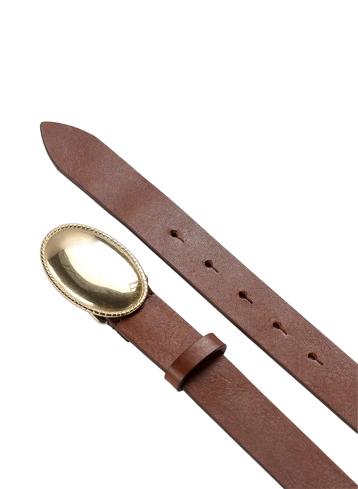 A brown leather belt with a large, polished oval gold-tone buckle, shown on a clean white background.