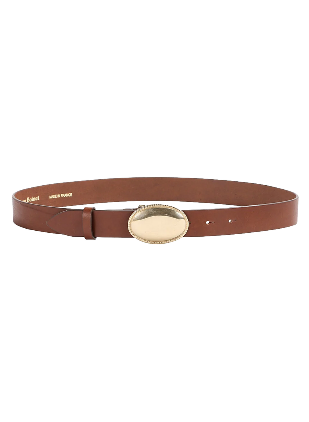 A brown leather belt with an oval gold-tone metal buckle, displayed against a solid white background.
