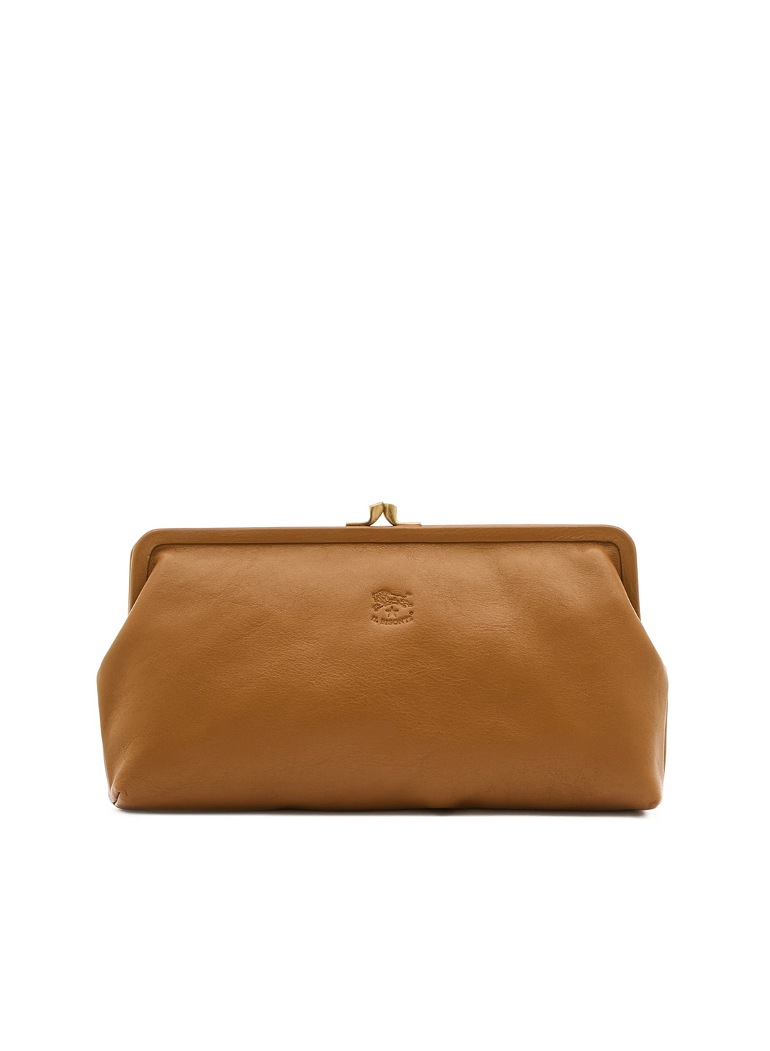 A tan leather kiss-lock clutch bag with a small embossed logo on the front, set against a plain white background.