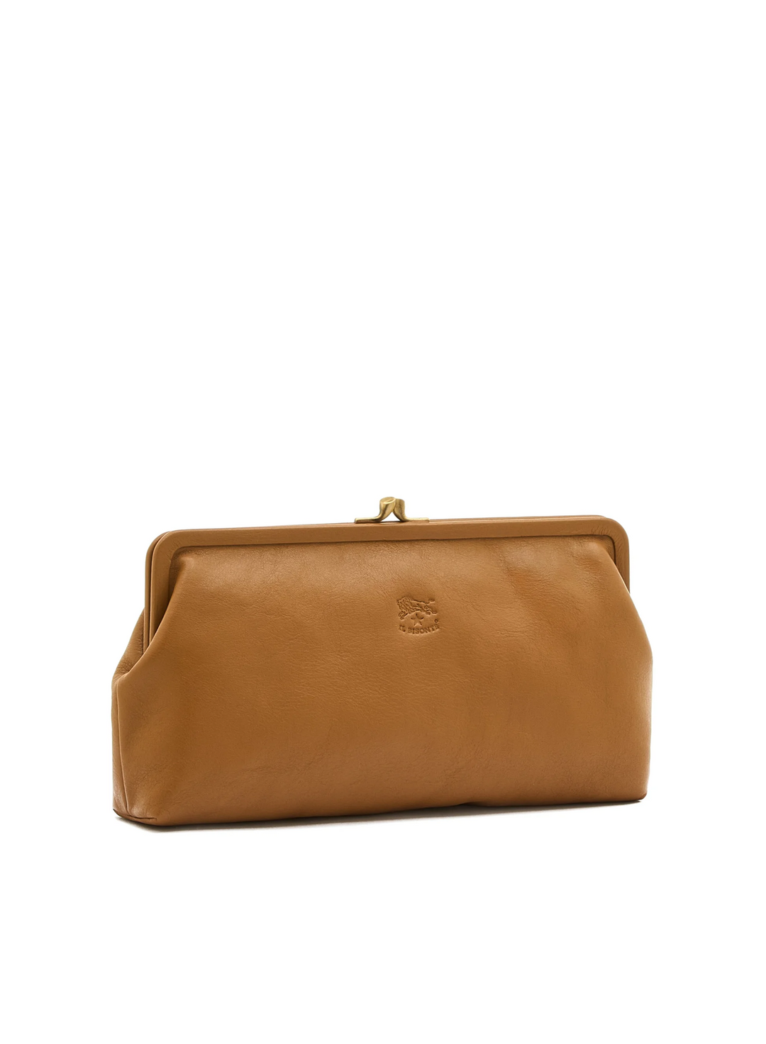 A tan leather kiss-lock clutch bag with a small embossed logo on the front, set against a plain white background.