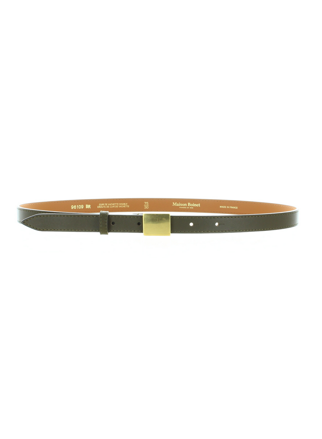 A slim dark olive green leather belt with a gold-tone rectangular buckle and a tan interior lining, displayed horizontally on a plain white background.