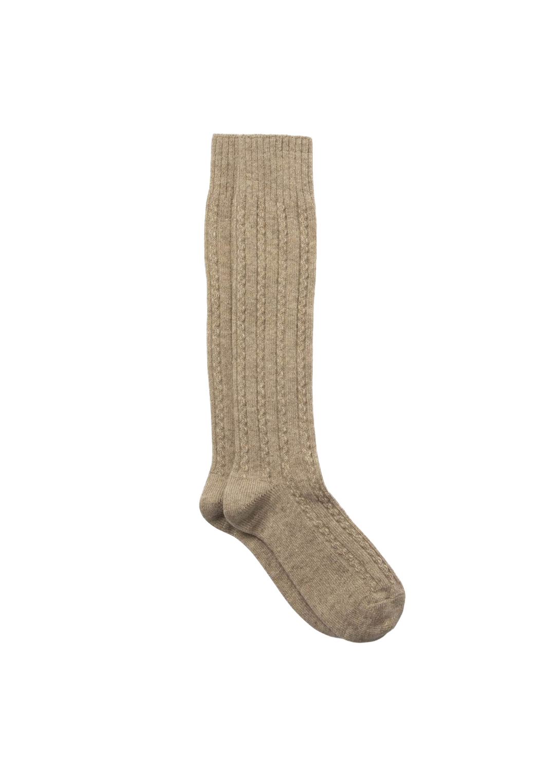 A single knee-high cable-knit sock in a warm beige color, shown against a plain white background.